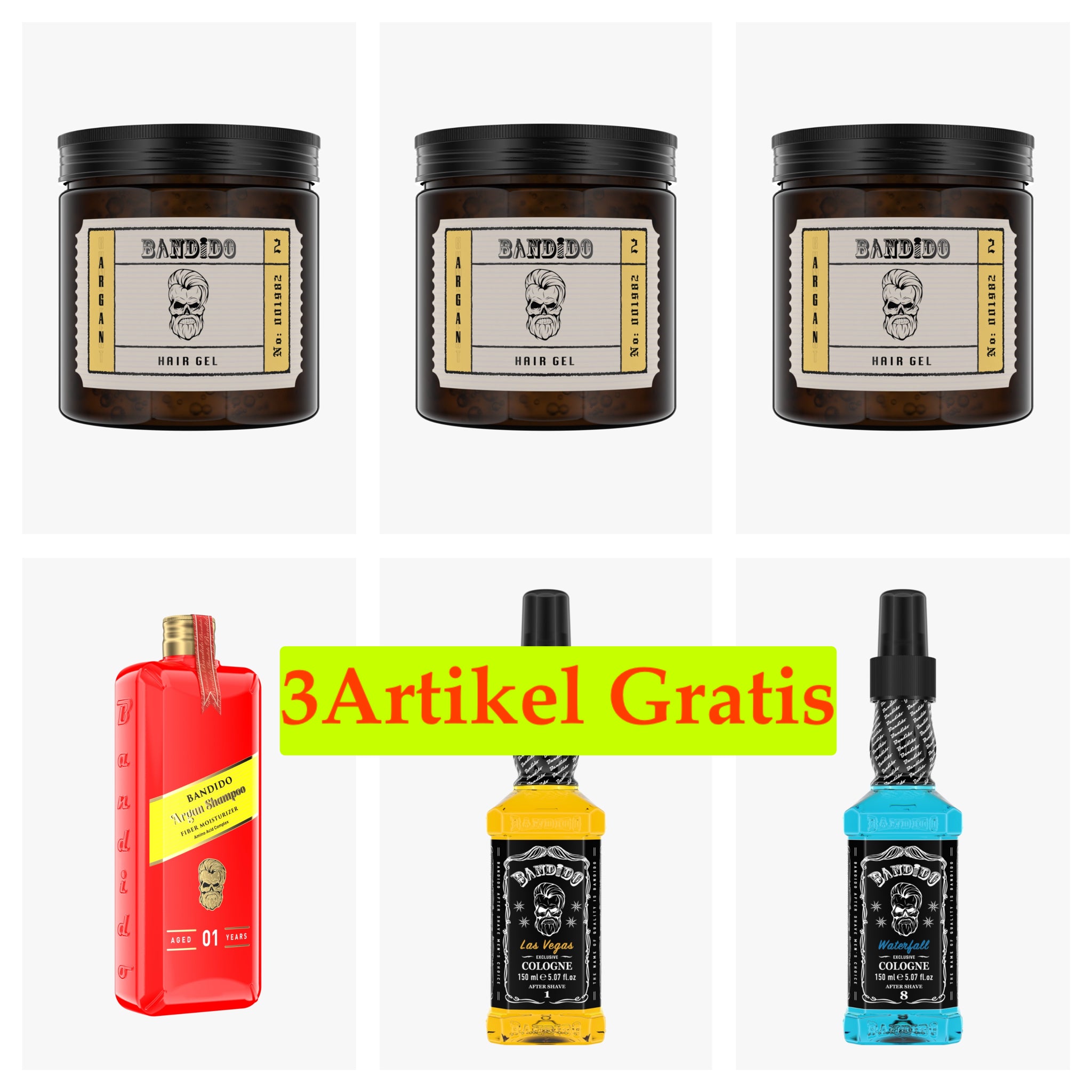 Bandido Argan Haar Gel 3 Stuks. 500ml  +1X Argan Shampoo 350ml +2X Cologne 300ml Gratis